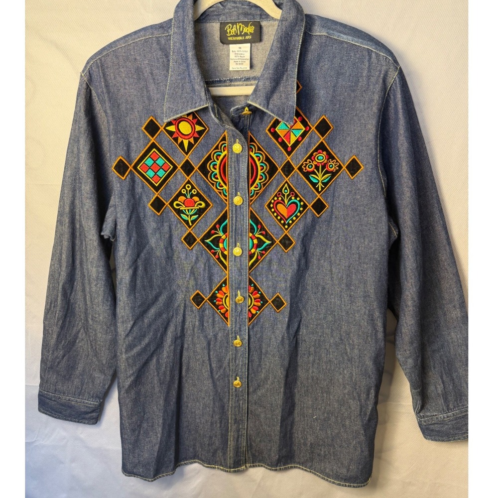 Bob Mackie Wearable Art Embroidered Denim Button Shirt GrandmaCore Womens 1X